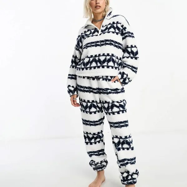 Спортивные брюки Asos Design Lounge Co-ord Alpine Cloud Fleece, белый/темно-синий