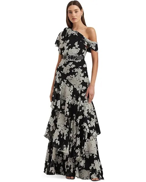 Платье LAUREN Ralph Lauren Floral Georgette One-Shoulder Gown, цвет Black/Cream