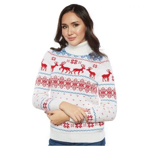 Шерстяной свитер, классический скандинавский орнамент с Оленями и снежинками, натуральная шерсть, белый, красный, голубой цвет, размер XS