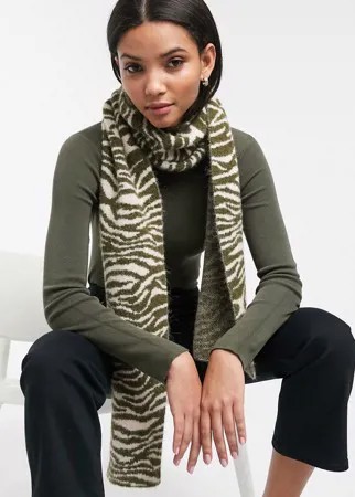 Кремовый пушистый шарф с зебровым принтом цвета хаки & Other Stories-Мульти