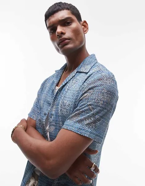 Topman– Синяя рубашка крючком с короткими рукавами и цветочным узором