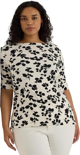 Футболка LAUREN Ralph Lauren Plus-Size Leaf-Print Stretch Cotton Boatneck Tee, цвет Cream/Black