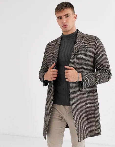 Шерстяное пальто в клетку коричневого цвета Burton Menswear-Коричневый