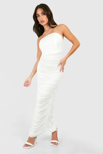 Платье макси Petite Mesh Bandeau со сборками boohoo, белый