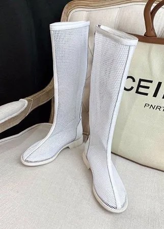 Женская дышащая ажурная сетка Дизайн Застежка-молния с острым носком на плоской подошве до середины икры Ботинки
