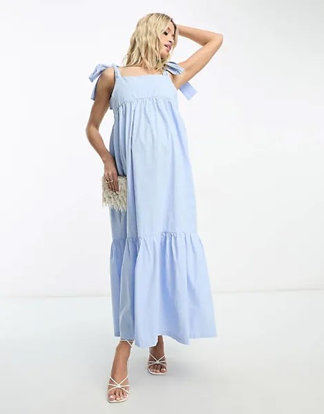 Ярусное платье миди с завязками Frolic Maternity из синего поплина.