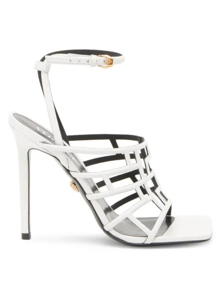 Кожаные сандалии на шпильке с клеткой Versace, цвет Optical White