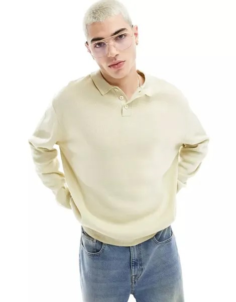 Светло-бежевый оверсайз-свитер-поло компактной вязки ASOS