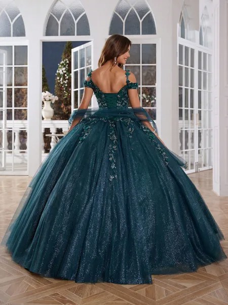 Черновато-зеленые 3D цветы Блестящие платья Quinceanera Элегантное бальное платье с открытыми плечами Платья принцессы для выпускного вечера для девочек-подростков Sweet 15 на шнуровке сзади