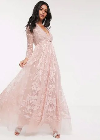 Пыльно-розовое платье макси с вышитым цветочным кружевом Needle & Thread-Розовый