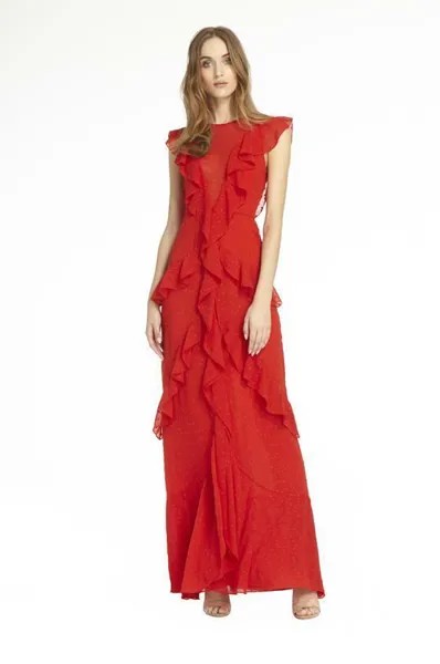 ML MONIQUE LHUILLER Sangaria Красное жаккардовое шифоновое платье макси с оборками в горошек 12