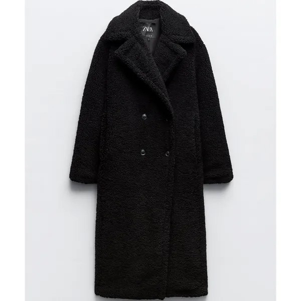 Пальто Zara Extra-Long Faux Shearling, черный