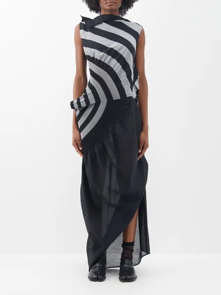 Платье из хлопкового джерси в асимметричную полоску Issey Miyake, черный