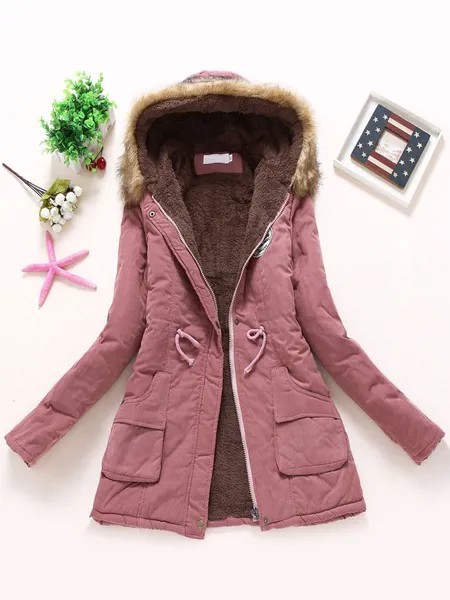 Milanoo Women Parka Jacket Faux Fur Collar Pockets Drawstring Hooded Green Overcoat