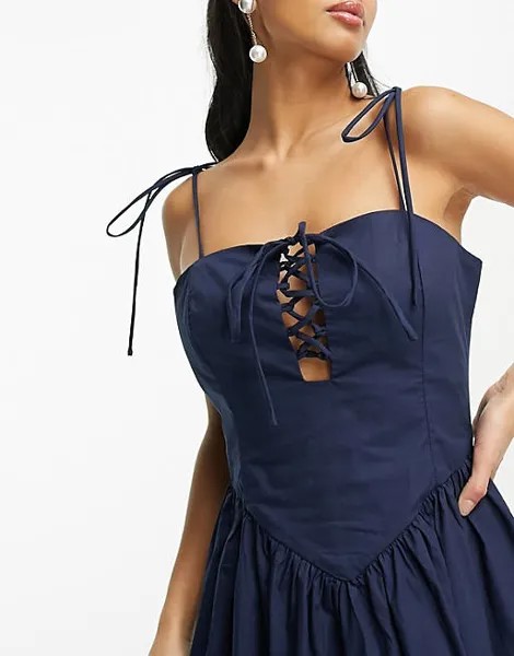 Темно-синее свободное платье миди с завязками спереди Glamorous Petite