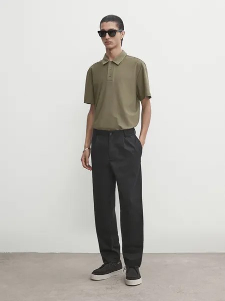 Рубашка-поло из микро-твила с короткими рукавами и диагональными рукавами Massimo Dutti, хаки
