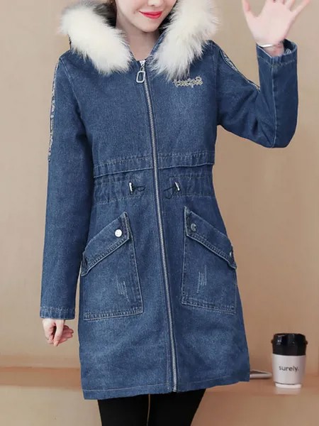 Milanoo Puffer Coats For Women Blue Faux Fur Hooded Long Sleeves Casual Thicken Winter Coat Outerwea