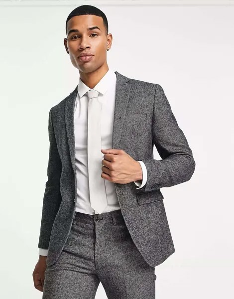 Супероблегающий твидовый пиджак Jack & Jones Premium темно-серого цвета