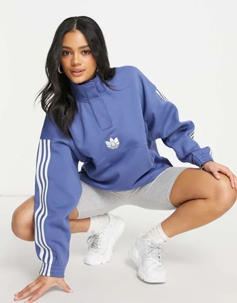 Синий свитшот с высоким воротом, тремя полосами и 3D-логотипом adidas Originals adicolor-Голубой