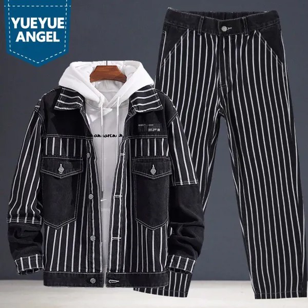 Новый осенний Повседневный свободный джинсовый костюм в полоску, Мужская модная куртка в Корейском стиле с отложным воротником, винтажные ...
