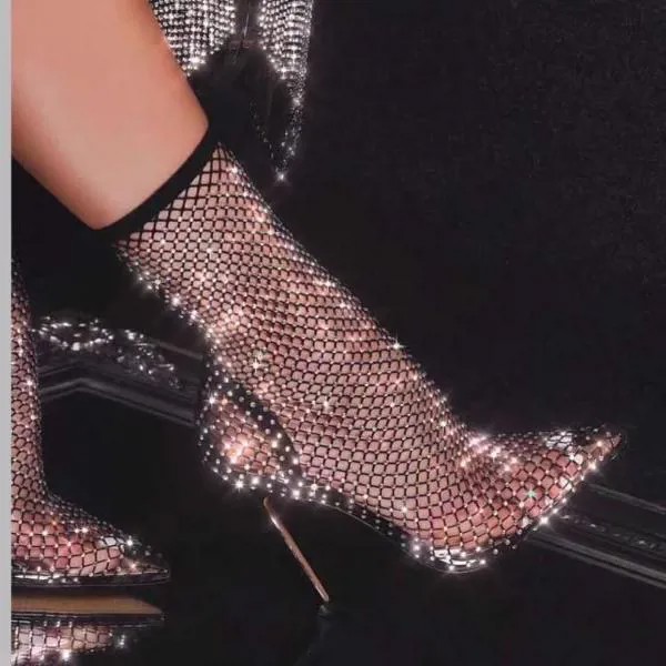 Женские сетчатые ботильоны Bling Стразы с острым носком без застежек эластичные ботинки женские короткие ботинки на тонком высоком каблуке с ...