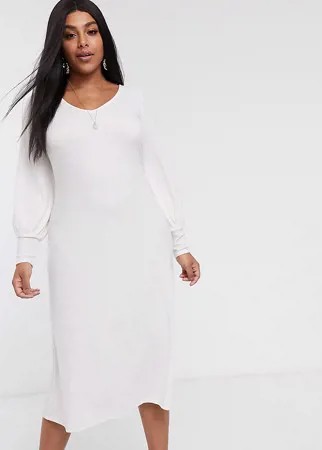 Белое платье миди в рубчик с длинными рукавами и завязкой на спине ASOS DESIGN Curve-Зеленый цвет