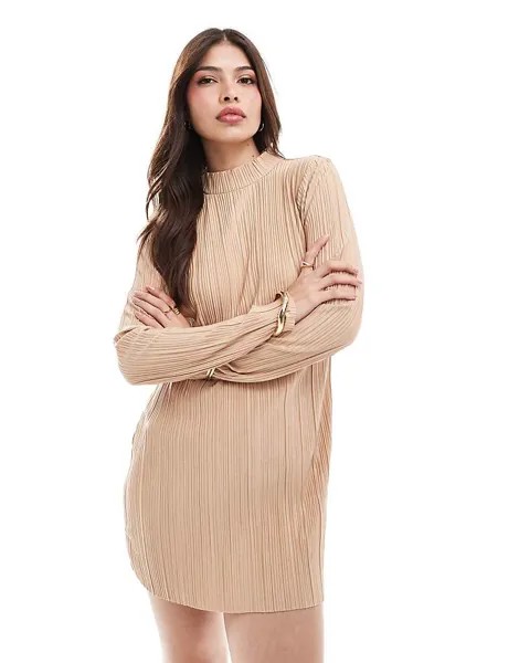 Коричневое плиссированное платье мини с высоким воротником Vero Moda