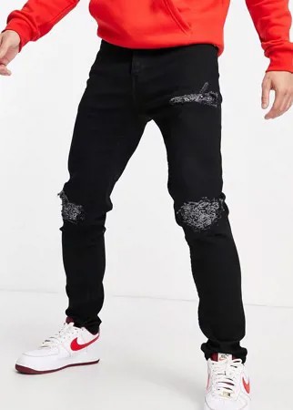 Свободные рваные джинсы черного цвета с платочным принтом Sixth June-Черный цвет