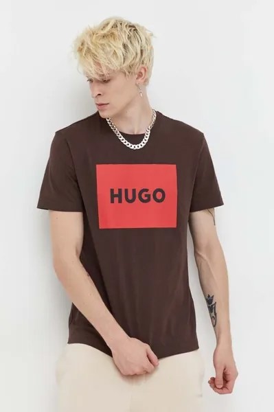 Хлопковая футболка Hugo, коричневый