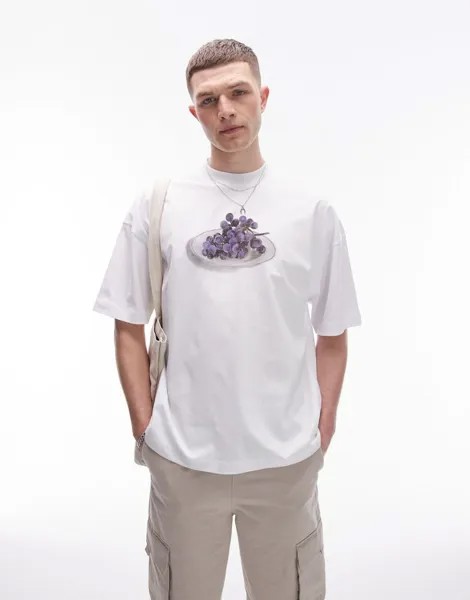 Topman – белая футболка оверсайз с принтом в виде винограда