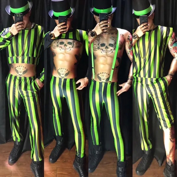Новинка флуоресцентные зеленые полосатые сексуальные костюмы костюм для бара ночного клуба мужской певец DJ DS сценическая одежда танцевальная одежда для выступлений