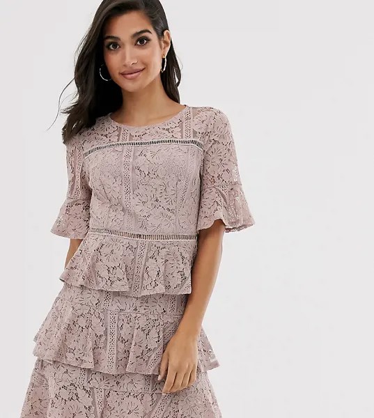 Кружевное платье мини цвета норки с оборками и вставками Little Mistress Petite-Розовый