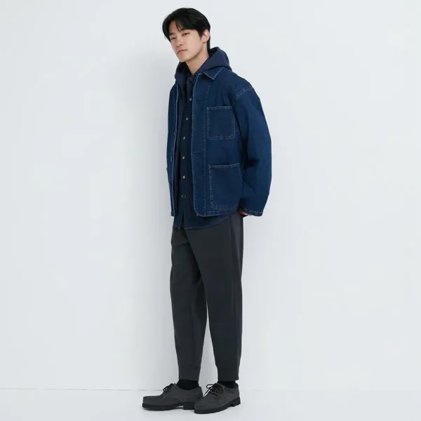 Брюки Uniqlo из смесового хлопка на резинке и подкладкой из флиса, темно-синий