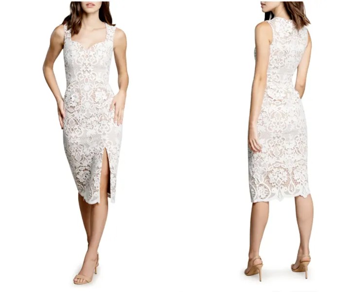 DRESS the POPULATION Белое кружевное платье миди телесного цвета с цветочным принтом Jayleen Sweetheart XS 0/2