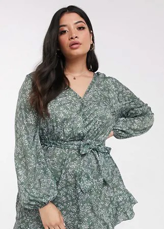 Эксклюзивное короткое приталенное платье с цветочным принтом и запахом In The Style Plus x Billie Faiers-Зеленый