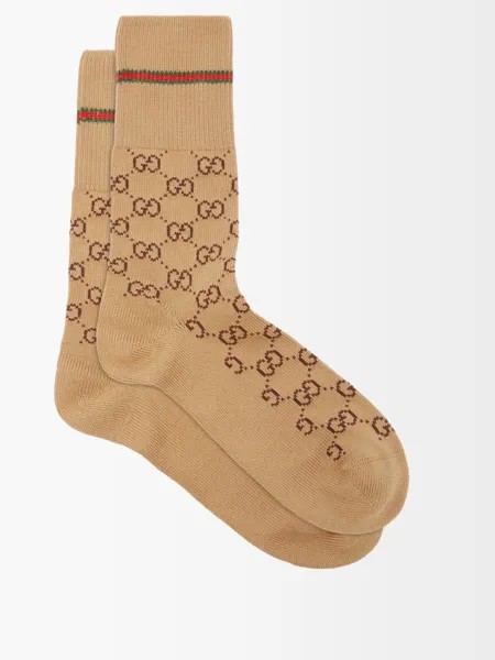 Носки из смесового хлопка с жаккардовым узором gg и полосками web Gucci, бежевый