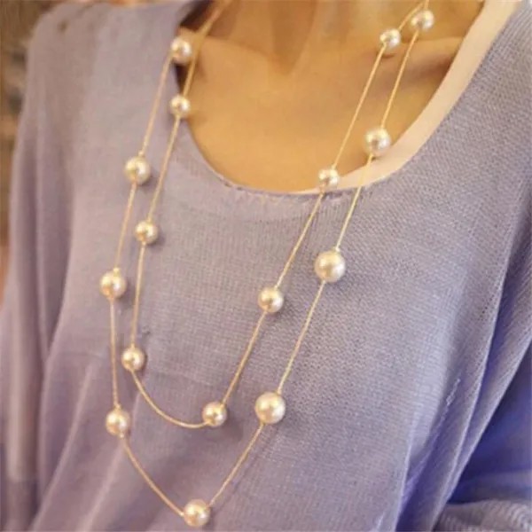 Женские элегантные длинные двойные слои искусственные жемчужные ожерелья ювелирные изделия свитер цепочка