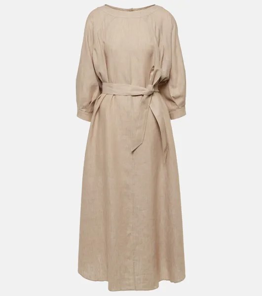 Льняное платье миди с поясом Loro Piana, бежевый