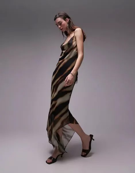 Прозрачное платье-комбинация миди в градиентную бежевую полоску Topshop