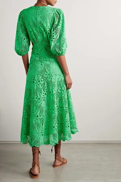 FARM RIO Платье миди из хлопкового поплина с вышивкой бродери англез и вырезами, зеленый