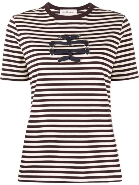 Tory Burch футболка Woven Double T в полоску, нейтральный цвет