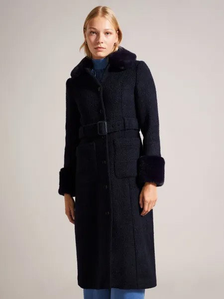 Пальто Lyddiia Slim Fit из смесовой шерсти с отделкой из искусственного меха Ted Baker, темно-синий