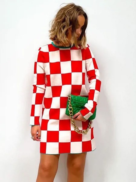 Milanoo Women Knitted Dress Modern Piping Plaid Pattern Polyester Long Sleeves Stretch Jewel Neck Mi