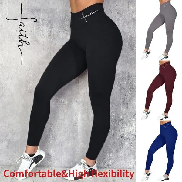 Женщины Тощий упругий Тренажерный зал йога Брюки Открытый Спорт Slim Fit Leggings Мода Вера Письмо Печать йога Leggings