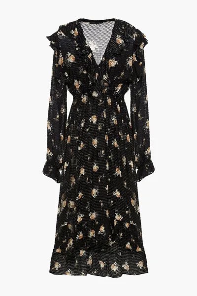 Платье миди из крепа fil-купе с цветочным принтом и оборками MAJE, черный