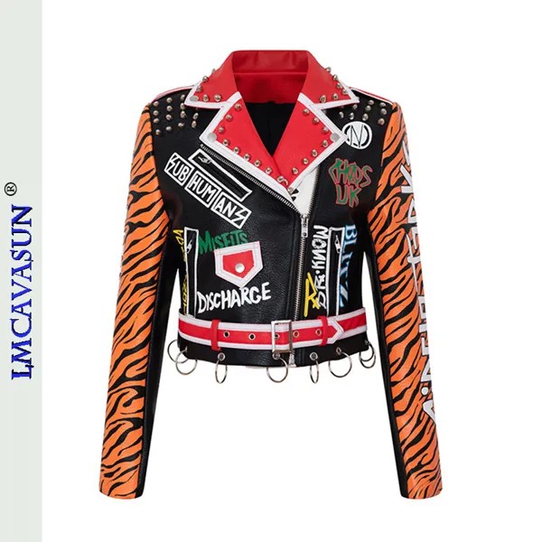 LEIMEICHEN кожаная куртка с шипами Женская мода леопардовые панк-рок PU куртки мотоциклист короткое пальто кожаная верхняя одежда