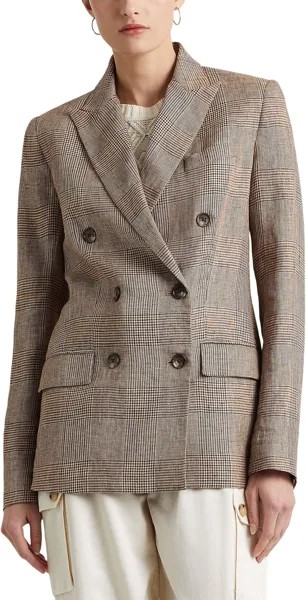 Льняной двубортный пиджак в клетку Glen LAUREN Ralph Lauren, цвет Brown/Cream Multi
