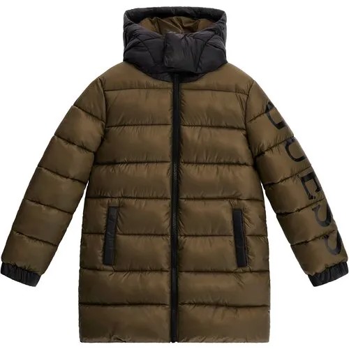 Куртка GUESS, демисезон/зима, стеганая, утепленная, капюшон, размер 12, зеленый