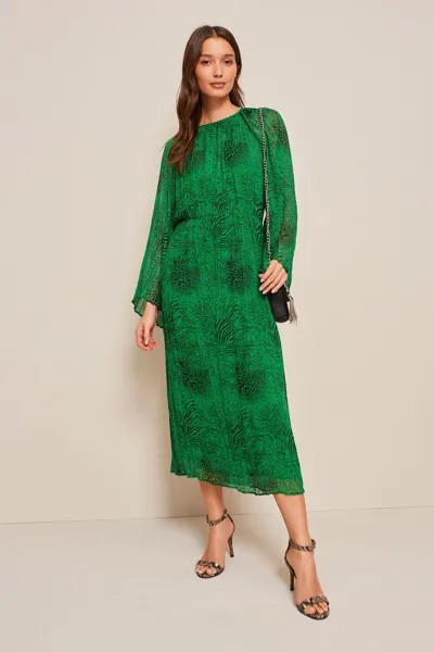 Плиссированное платье миди с длинными расклешенными рукавами Next, зеленый