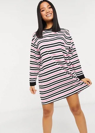 Платье-футболка в стиле oversized с длинными рукавами в ярко-розовую, черную и белую полоску ASOS DESIGN Petite-Многоцветный